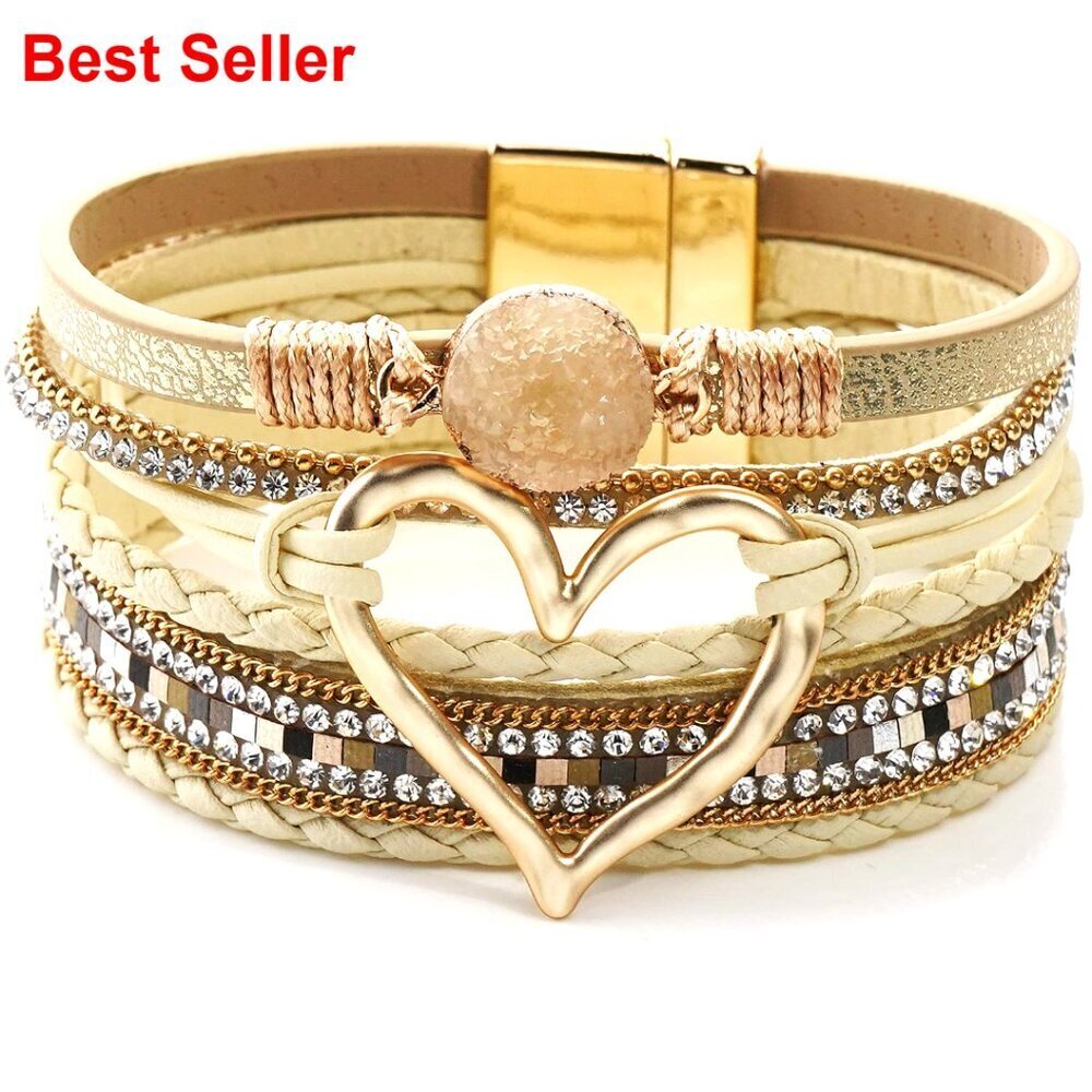 Leather Wrap Bracelet with Heart Design, Multilayer Cuff